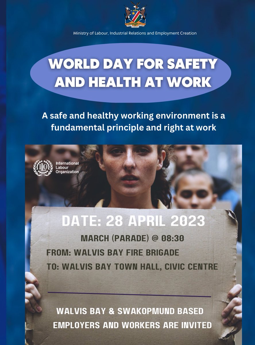 MOJLRNAM's tweet photo. April 28th is #WorldDayForSafetyAndHealthAtWork. Let's raise awareness about workplace safety, prevent accidents &amp; diseases, and create safe environments for all employees. Join us in Walvis Bay to commemorate! #WorkplaceSafety #HealthAtWork
@iloharare @ilo @ilo_pretoria https://t.co/GOde6UZDwz
