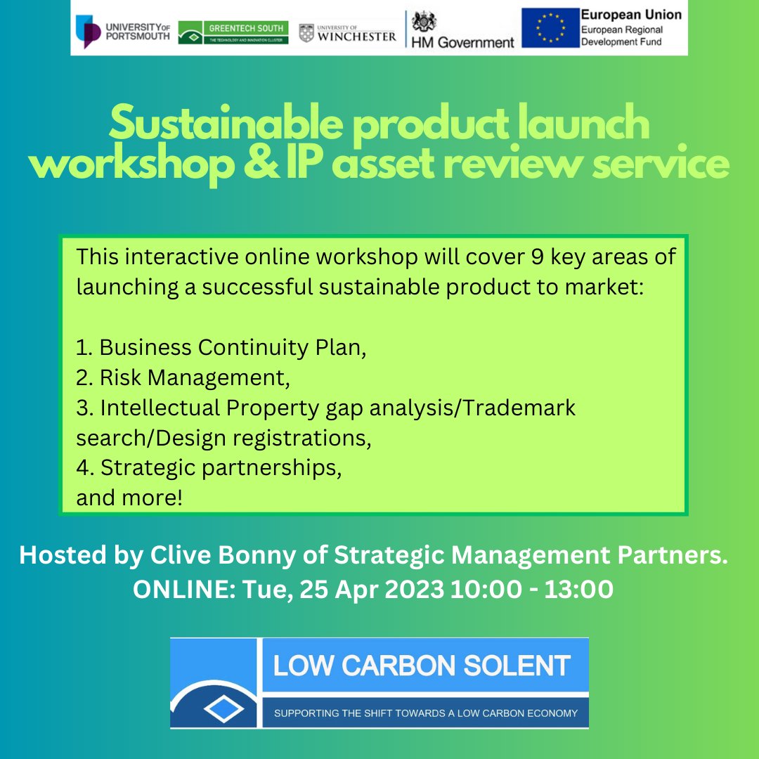 We're hosting a workshop supporting SMEs to launch their low carbon, sustainable products. We're offering a free IP asset review & also advice on launching a successful low carbon product to market, hosted by Clive Bonny of Strategic Management Partners. eventbrite.co.uk/e/sustainable-…