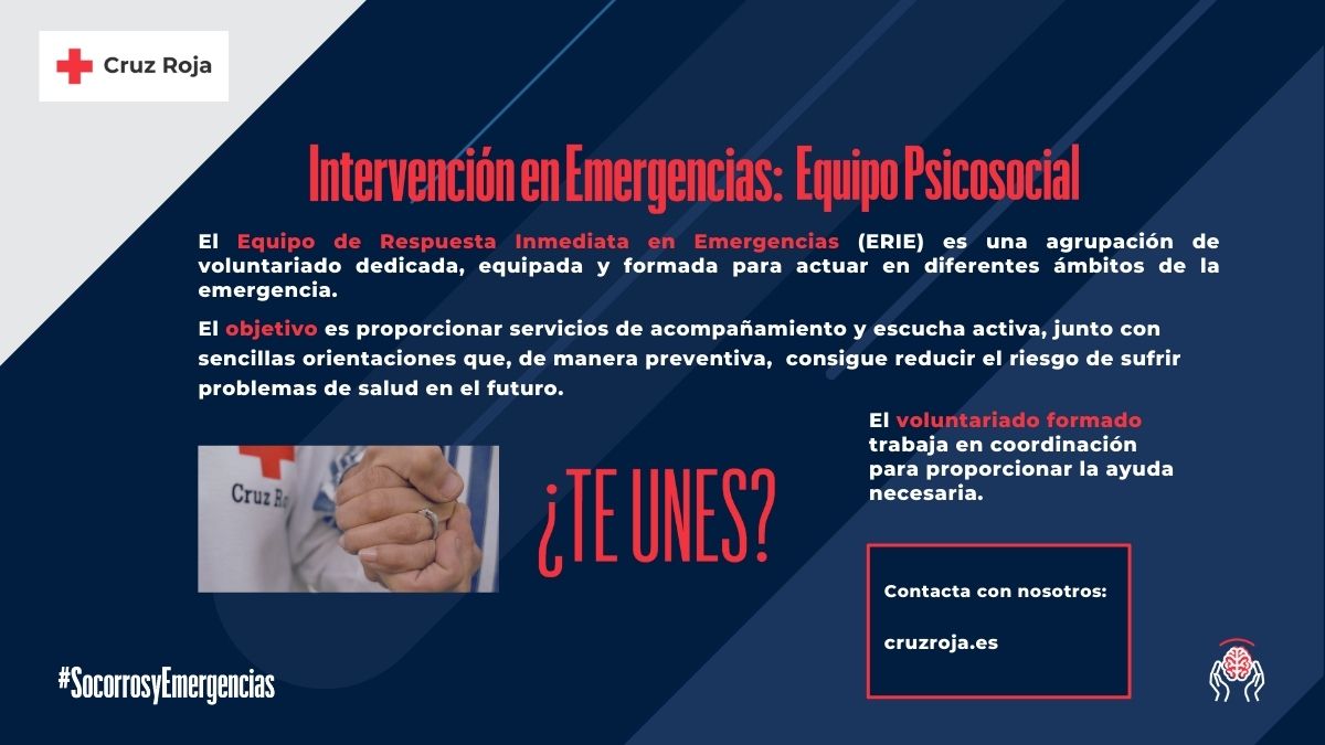 [#SocorrosYEmergencias]
¿Quieres formar parte del Equipo Psicosocial?
El ERIE Psicosocial es un equipo que ofrece apoyo psicológico y gestión del estrés ante una situación de emergencia sanitaria.
¿TE UNES?
#HazVoluntariado #ÚneteALaFuerzaV