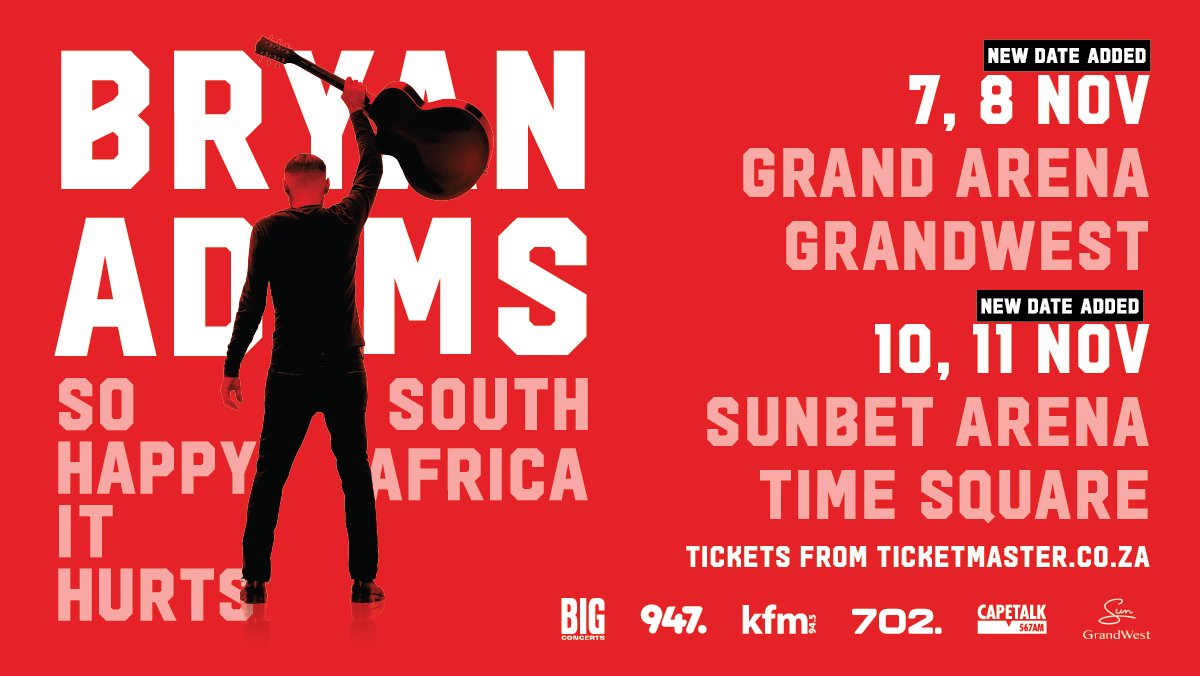BigConcerts's tweet photo. ๐ฃ @BryanAdams NEW DATES ANNOUNCED ๐
Due to exceptional demand, 2 new dates added to the #BryanAdamsSA23 #SoHappyItHurts tour ๐ฅ
7 Nov @GrandWestSA
8 Nov @GrandWestSA #NewDateAdded
10 Nov @TimeSquareZA
11 Nov @timesquareZA #NewDateAdded
#NewDates go on sale โก๏ธ Fri 21 April https://t.co/LyB1FOI2ai