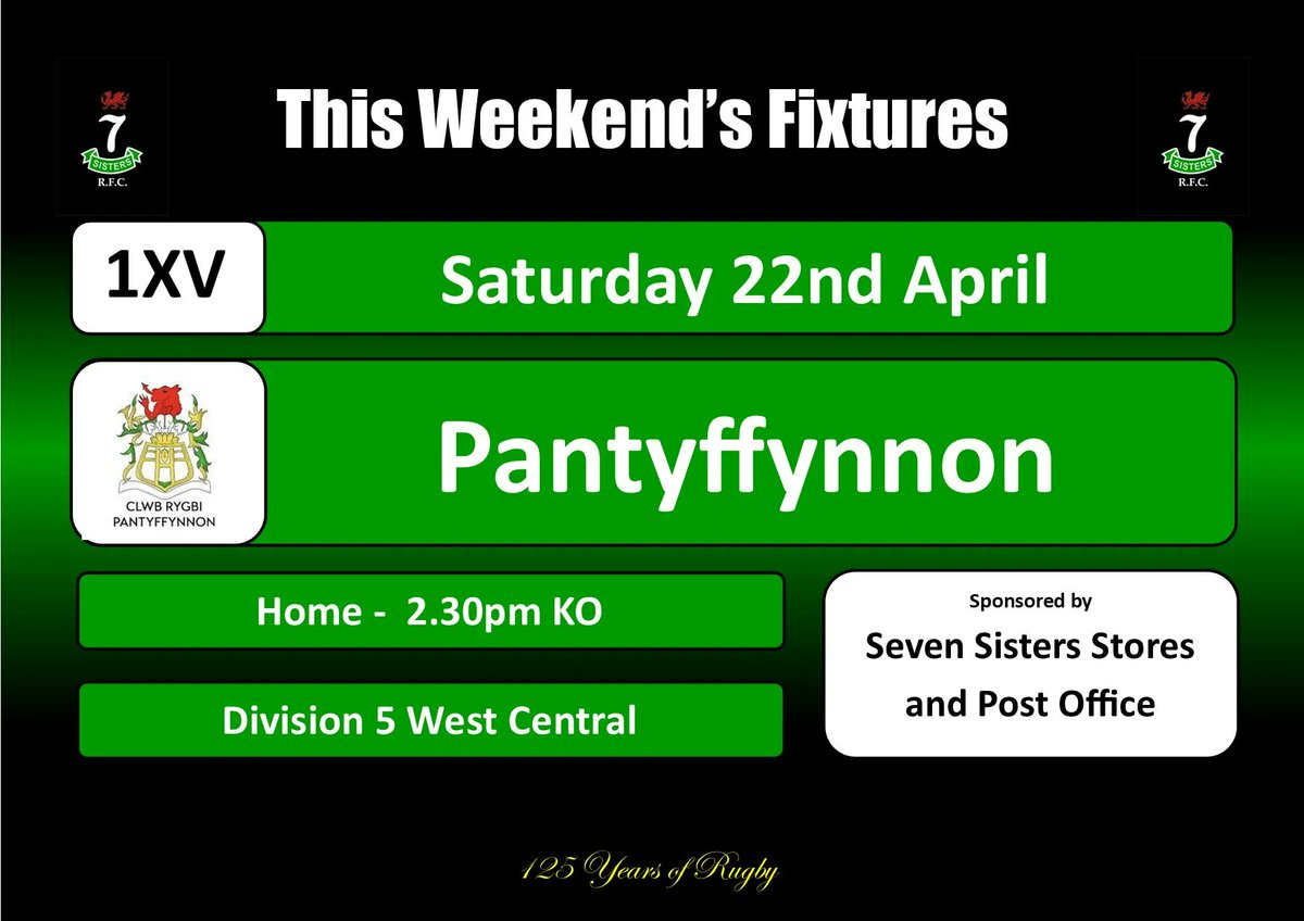 SevenSistersRFC's tweet photo. A busy weekend ahead...

Saturday
1XV v @PantyffynnonRfc Home
Sponsored by Seven Sisters Stores &amp; Post Office 

Dingo Bingo
SOLD OUT

Sunday
Ladies XV v @gwernyfedladies Away

#Blackandgreen https://t.co/DN4aWZz8Si