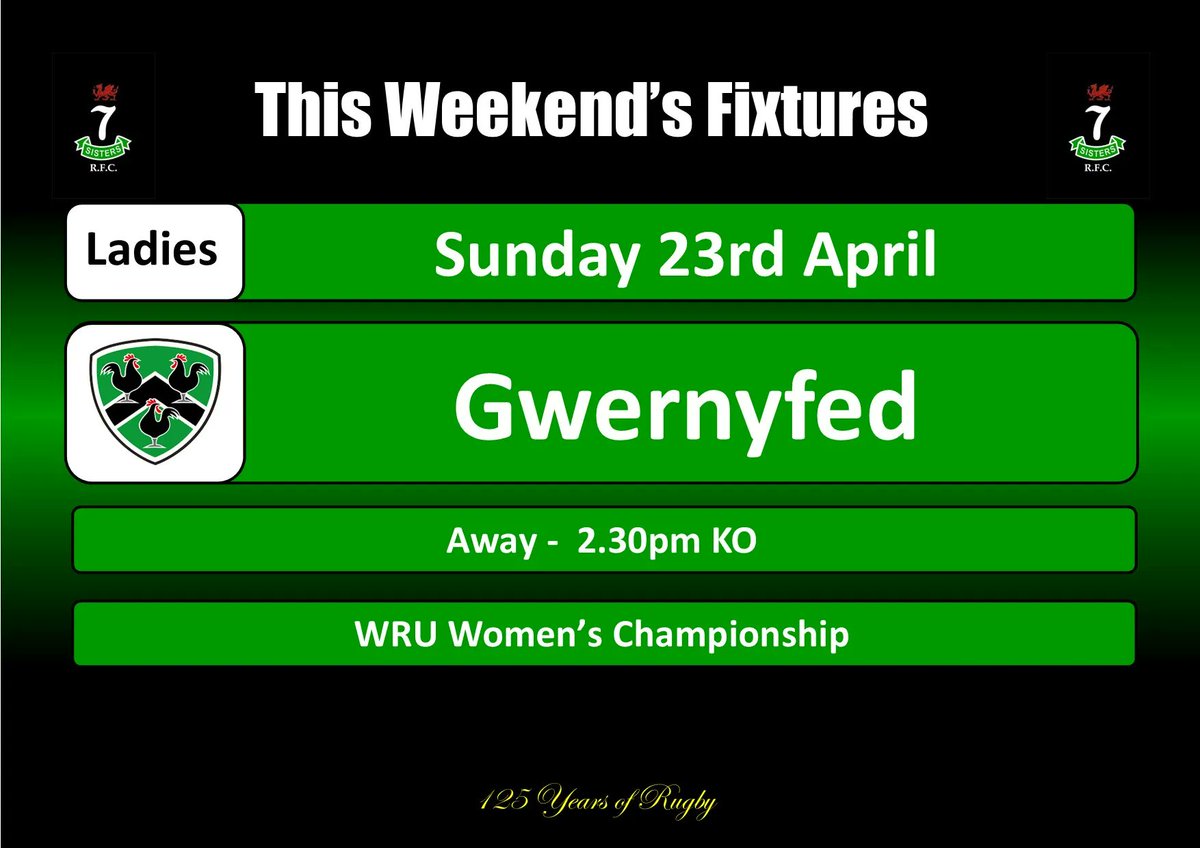 SevenSistersRFC's tweet photo. A busy weekend ahead...

Saturday
1XV v @PantyffynnonRfc Home
Sponsored by Seven Sisters Stores &amp; Post Office 

Dingo Bingo
SOLD OUT

Sunday
Ladies XV v @gwernyfedladies Away

#Blackandgreen https://t.co/DN4aWZz8Si