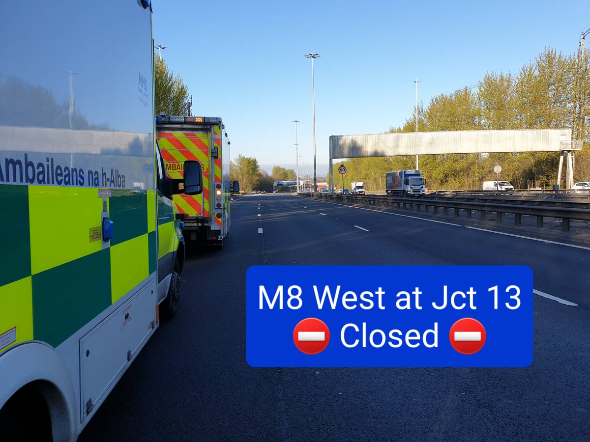 PSOSRoads's tweet photo. The #M8 West at Junction 13 is currently closed (0800 20/04/23)due to a multi vehicle RTC. An overturned lorry involved is blocking lanes 2 and 3. 

We will try to get a lane open as soon as possible 

Follow @trafficscotland  for further updates. https://t.co/ySO3FlaDdG