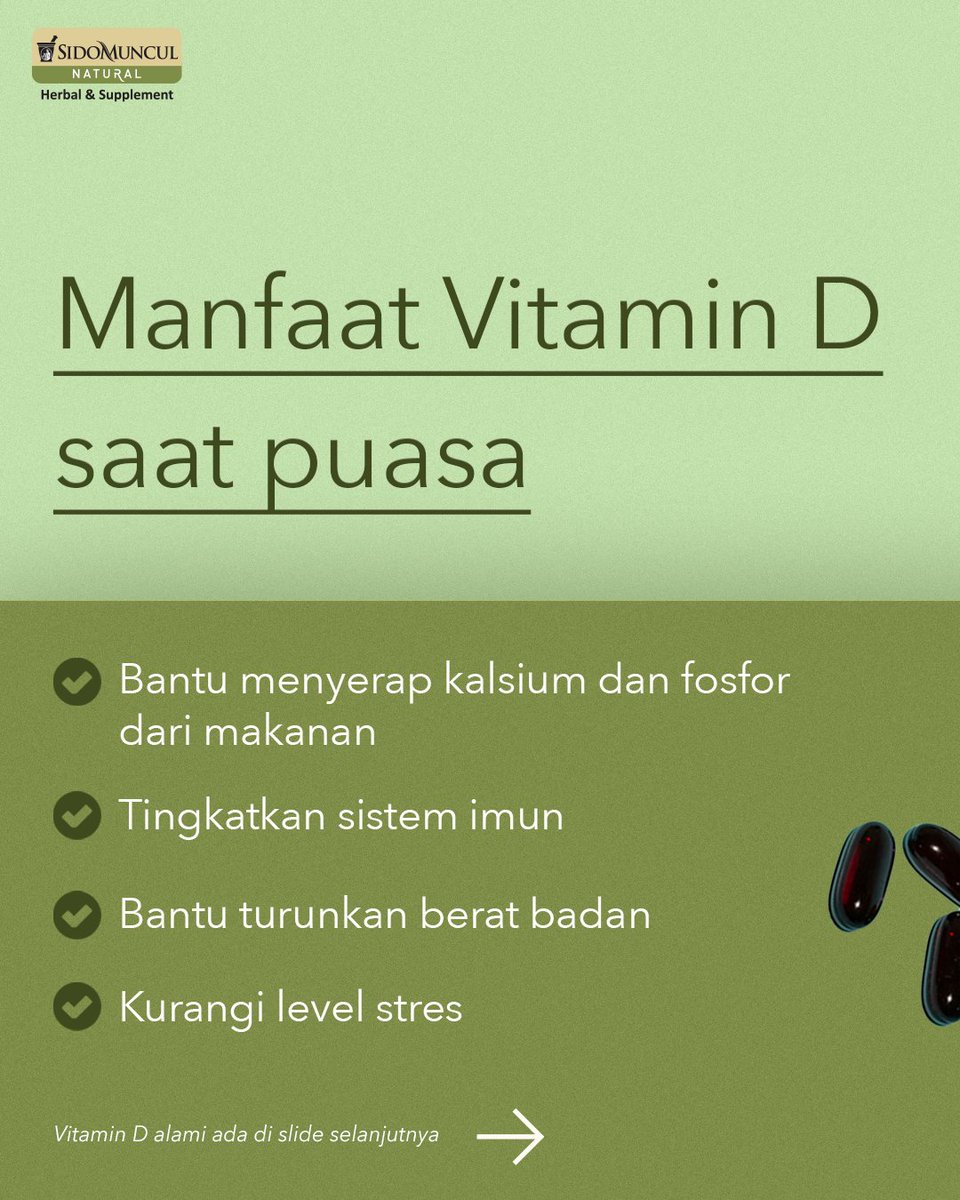 sidonatural's tweet photo. Lagi puasa gini perlu Vitamin D nggak sih? Jawabannya, tetap perlu dong!

Meski tubuh kita bisa memproduksi Vitamin D sendiri saat terekspos sinar matahari, kita perlu tambahan dari makanan dan suplemen.

#YourNaturalUpgrade #SidoMunculNatural #GoodHealthBetterLife https://t.co/hIazRm2JOm
