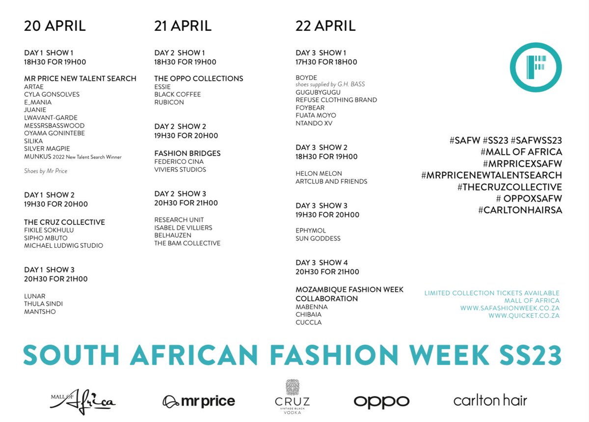 OfficialOakAve's tweet photo. SA Fashion Week SS23 Full Schedule!
#SAFW #SS23 #SAFWSS23 #MallOfAfrica #MrPriceXSAFW #MrPriceNewTalentSearch #TheCruzCollective #OppoXSAFW #CarltonHairSA
@safashionweek
@TheMallOfAfrica
@MRPfashion
@Cruzvodka
@OPPOSouthAfrica
@CarltonHair_SA https://t.co/k5p2h0qLI4