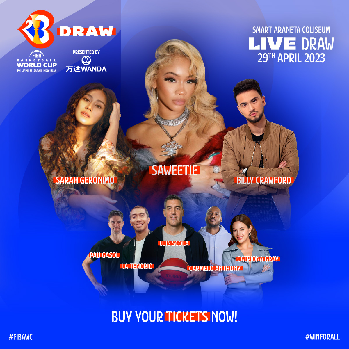 FIBAWC's tweet photo. A starry, starry night in Manila! ✨ 🌃

Featuring Saweetie, Sarah Geronimo, Billy Crawford and more!

Official #FIBAWC draw ceremony &amp; concert tickets are on sale now 🎟️

🔗 https://t.co/vBcVjGoHRY #WinForAll https://t.co/SW0KABmKM8