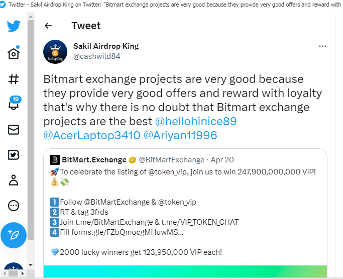 cashwild84's tweet photo. @BitMartExchange @token_vip Good project ever , I am very happy to be participating in this project. I hope this project will gain more popularity in the future. https://t.co/JU0Zw7IkaK