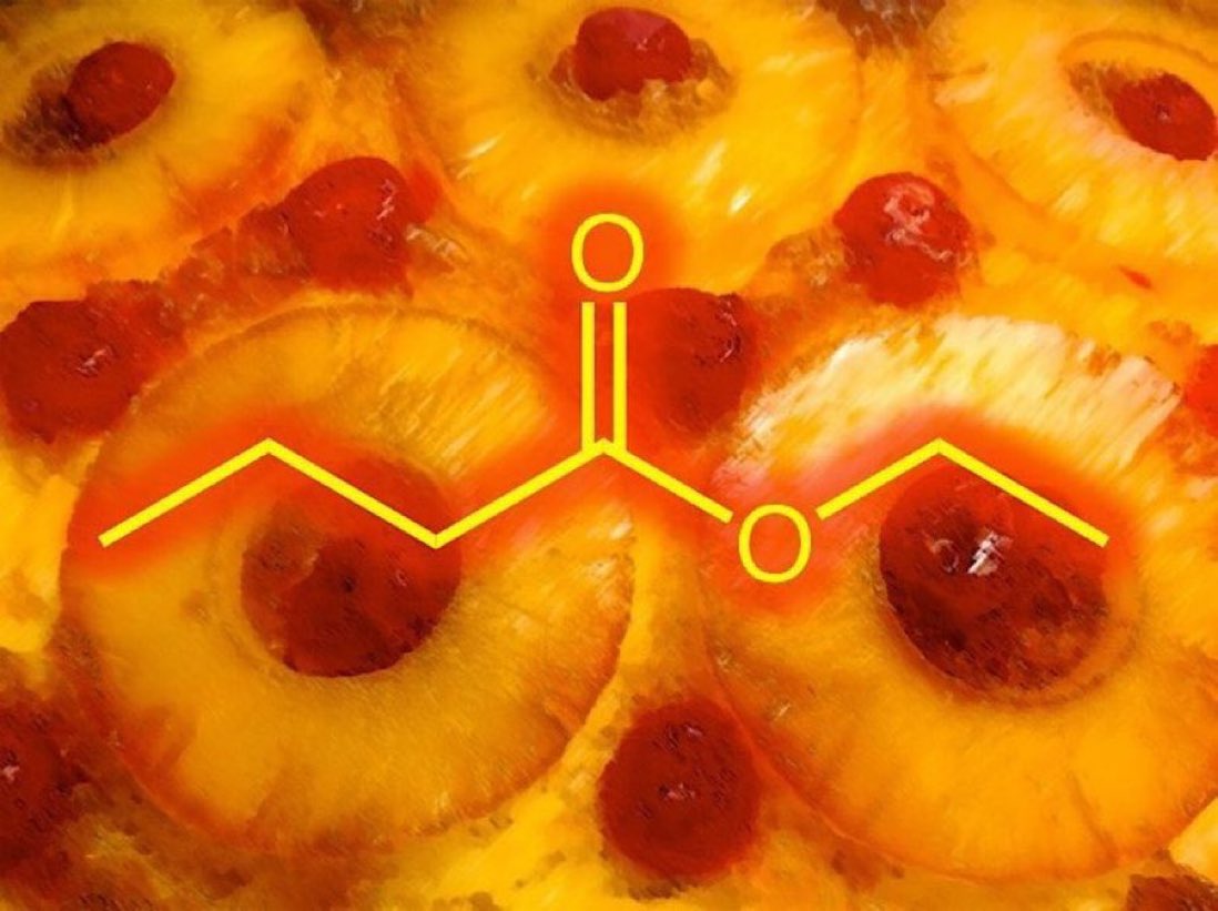 eedcAndy's tweet photo. Bake then rotate on #PineappleUpsideDownCakeDay! The ester ethyl butyrate has a fruity odour, like pineapple, & is used in flavours/fragrances; easily prepared in the lab by reacting ethanol + butyric acid in an esterification rxn, with H2SO4 as catalyst #gotitmade #RealTimeChem https://t.co/ckxDaWDslt