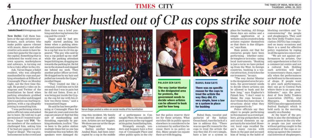 No city for buskers : Artistes who make public spaces vibrant with music, dance and other creative acts seem to hv become fair game for d cops in d capital. Lack of guidelines or rules also adds to d trouble. <a href="/VarunDa9/">Varun Dagar</a> on Monday was manhandled n  detained while he was performing.