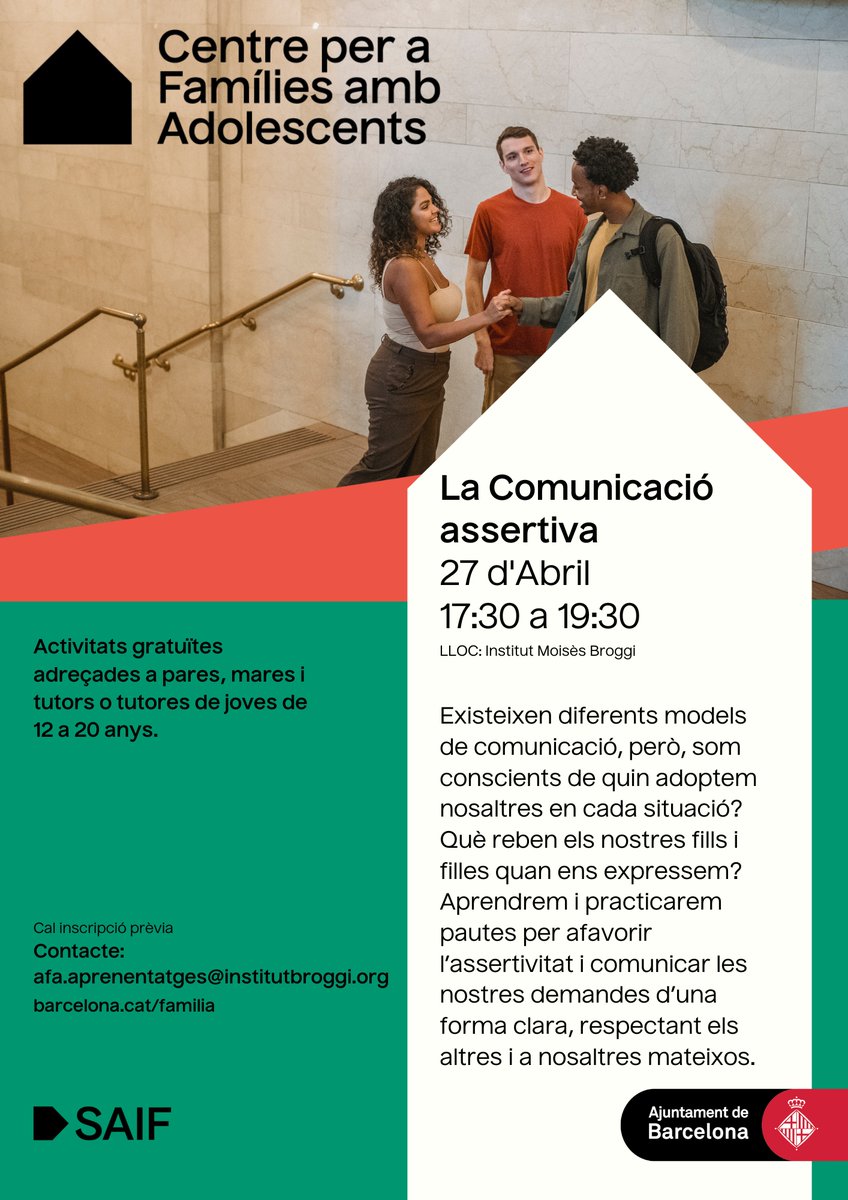 XERRADA AFA: COMUNICACIÓ ASSERTIVA
El dijous 27 d'abril a les 17’30h a l’Aula Magna de l'Institut Moises Broggi es realitzarà una xerrada titulada "La comunicació assertiva"* a càrrec del Centre per a families amb adolescents.

Comissió Aprenentatges