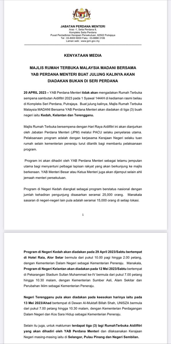 f4izalhassan's tweet photo. PMX tidak akan mengadakan Rumah Terbuka sempena sambutan Aidilfitri 2023 di kediaman rasmi beliau di Kompleks Seri Perdana. 

Buat julung kalinya, Majlis Rumah Terbuka Malaysia MADANI akan diadakan di tiga negeri iaitu Kedah, Kelantan &amp; Terengganu. https://t.co/G7sGYDjsMh