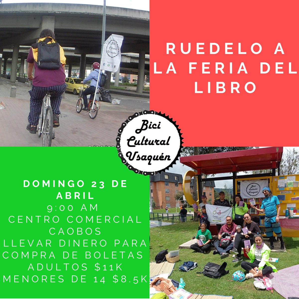 biciculturalu's tweet photo. Este domingo rodemos a la feria del libro
- Salimos juntos desde el norte pero podemos encontrarnos en el camino hacia Corferias.
- Recomendamos comprar las boletas con anticipación para evitar congestión en el ingreso. https://t.co/Ak1FBPQ402