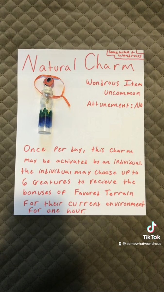 Natural Charm: Wondrous Item

#dnd #dungeonsanddragons #dnd5e #dnditems #dndhomebrew #homebrew5e #wondrousitem #wondrousitems #magicitem #magicitems #diy #art #fyp