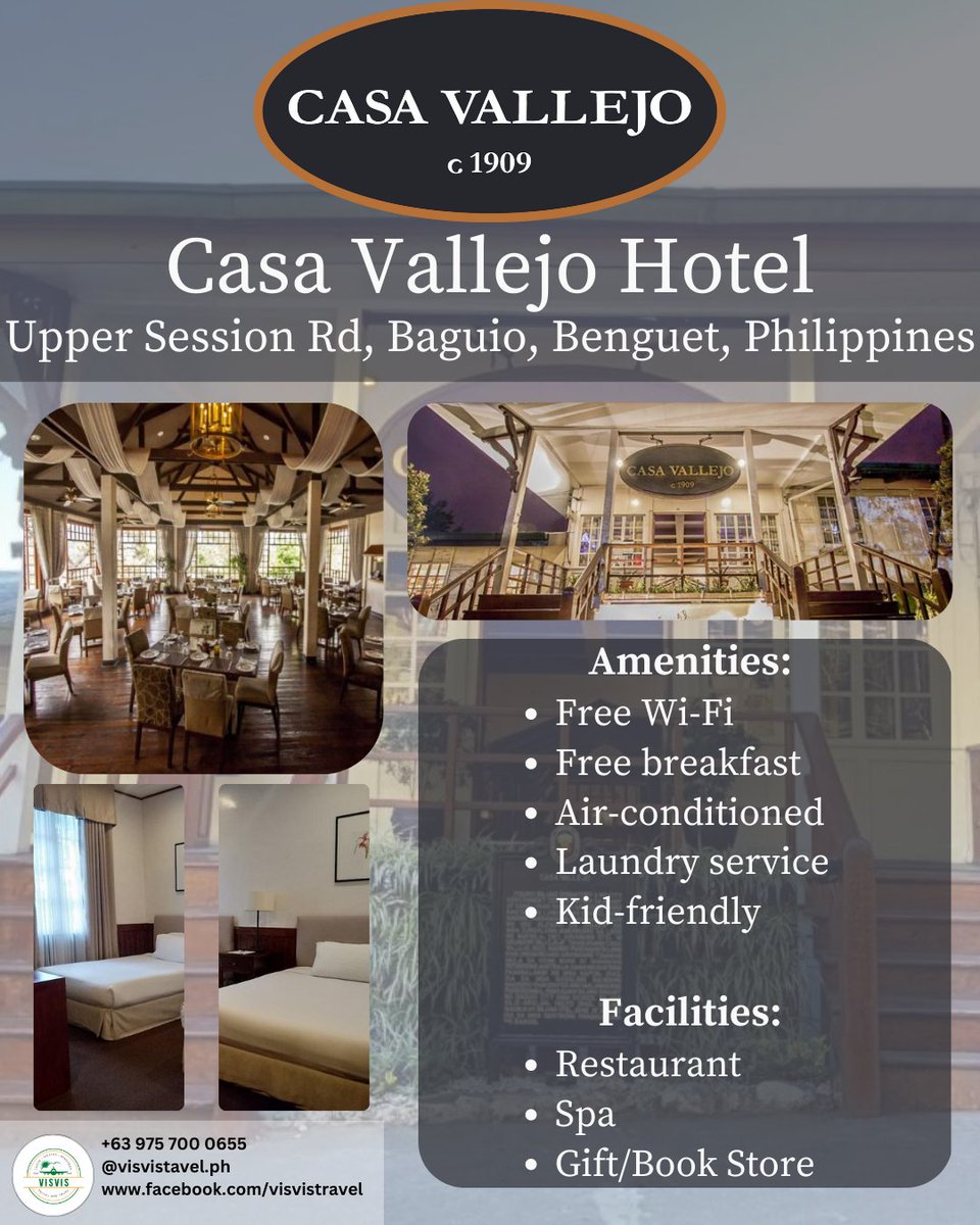 vvtravandtour's tweet photo. Indulge in the beauty of Baguio with Casa Vallejo Hotel! Book now at Visvis Travel and experience the beauty of Baguio this summer. #Booknow #ExploreBaguio #Baguio #SummerDestination #CasaVallejoHotel https://t.co/Z7lh8UA5hE