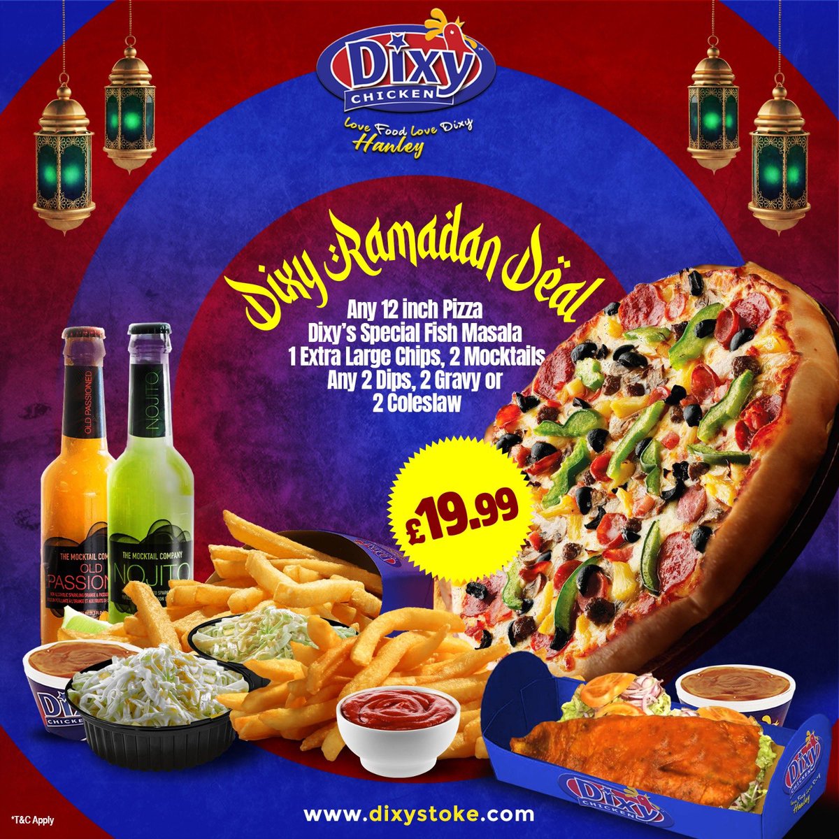 DixyStoke's tweet photo. Celebrate the auspicious occasion of Ramadan with our delicious Dixy Ramadan Deal!
Enjoy a 12" Pizza, Fish Masala, Extra Large Chips, 1x Mocktails or 411 drinks, Dips and gravy/coleslaw only at £19.99. Order now to celebrate with your family at Iftar!
Order Now. Ramadan Mubarak https://t.co/Dc5tGck1py