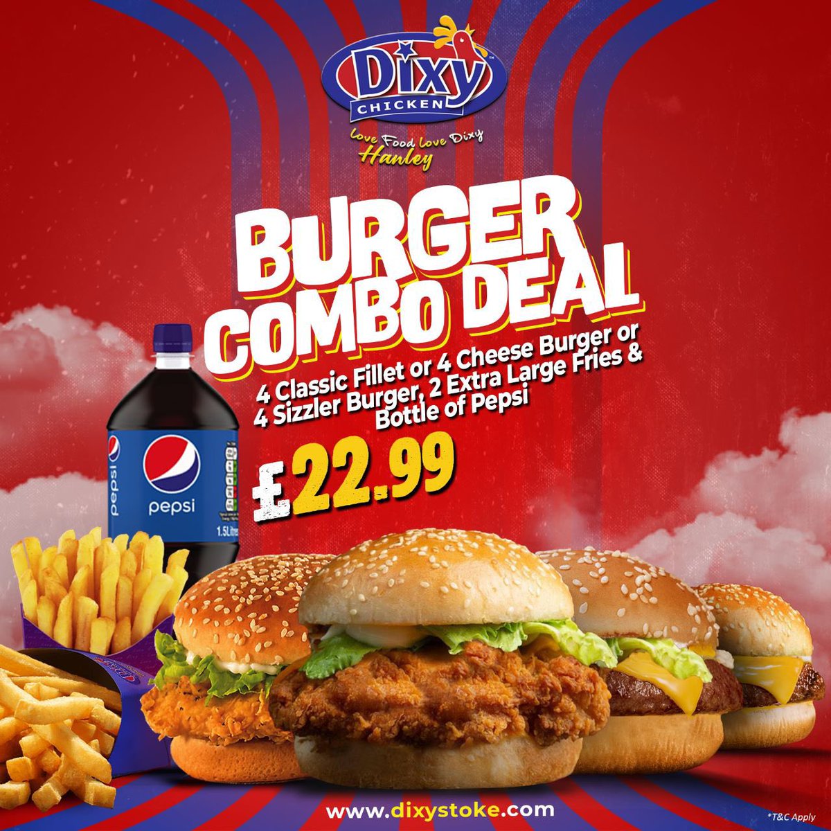 DixyStoke's tweet photo. Dixy's Burger Combo Deal! 

If you're looking to host your mates then the Dixy Burger Combo Deal is the way to go. With 4 burgers, 2 Extra Large fries &amp; a Bottle of Pepsi it is sure to turn up the mood. And what's more, all of this is only for £22.99! https://t.co/VTibdKR6FO