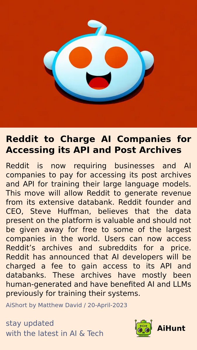 aihuntapp's tweet photo. 🚨 Big news from Reddit! 🚨 "The data present on the platform is valuable," says CEO Steve Huffman. AI companies and businesses will now have to pay for access to Reddit's extensive databank. Are you ready to find out more? #RedditRevenue #DataIsValuable 🤔 https://t.co/7drxK89Ktk