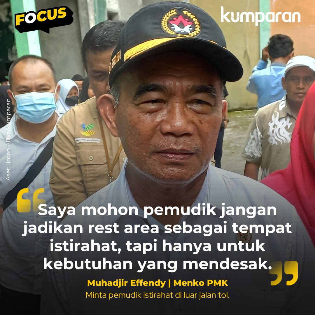 Menko PMK Muhadjir Effendy meminta kepada pemudik tidak menjadikan rest area sebagai tempat untuk istirahat, tapi hanya untuk memenuhi kebutuhan yang mendesak. #focus #mudiklebaran #news #quote bit.ly/3GYhbgM