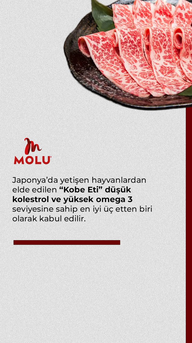 Japonya’da yetişen hayvanlardan elde edilen “Kobe Eti” düşük kolestrol ve yüksek omega 3 seviyesine sahip en iyi üç etten biri olarak kabul edilir.
moluet.com

#kobeeti #Japonya #kırmızıet