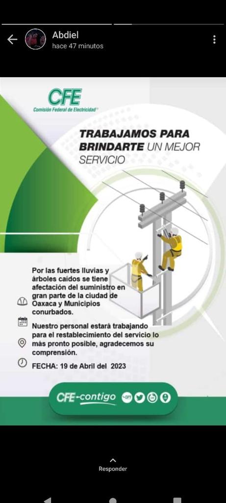 HdezTorres1's tweet photo. Tras tormenta , pueblos enteros de la zona conurbada de #Oaxaca se encuentran sin energía eléctrica #Cuilapan #Cruzblanca, entre los afectados @CFEmx @CFE_Contigo @lopezobrador_ @ManuelBartlett @salomonj @ELPINERO https://t.co/gteM2Fs6eV