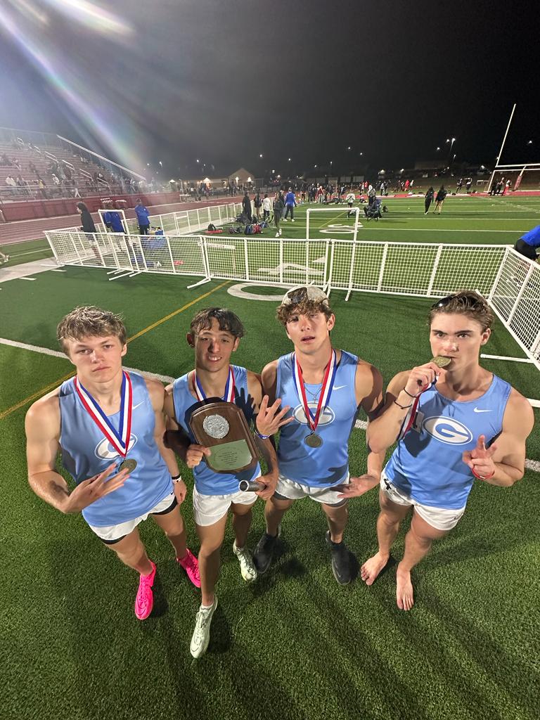 GtownTrack's tweet photo. Finish the night just like we started, on top of the podium.  The mile relay wins the gold medal with ease.  Fun watching these guys do their thing.  Area 4x4 CHAMPS!  #GeorgetownSpeed https://t.co/tm7qbVpEmh