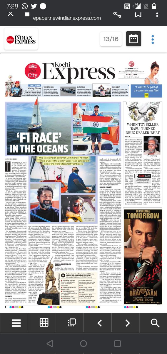 ron_of_kochi's tweet photo. #AbhilashTomy, a retired naval officer, is on the cusp of an epoch-making moment in sailing.

The only Asian entrant in @ggr2022, world's toughest yacht race, @abhilashtomy is well on his way to finish 1st.

My article @xpresskerala #GoldenGlobeRace @NewIndianXpress @santwana99 https://t.co/Gm9UuAmkaK