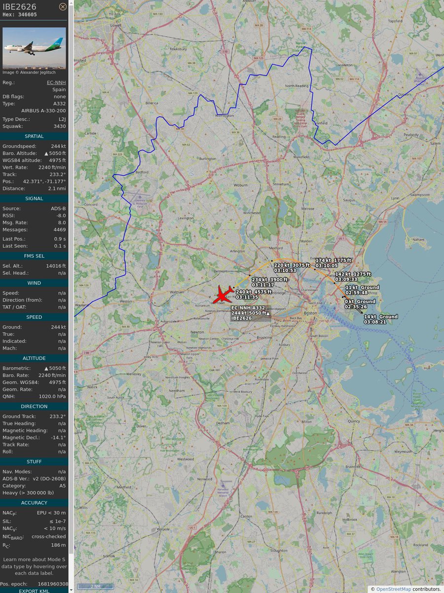 ICAO: #346605
Flt: #IBE2626 #IberiaAirlines #BOS-#BCN
First seen: 2023/04/19 23:10:22
Min Alt: 2175 ft MSL
Min Dist: 0.22 mi

#planefence #adsb - planefence.com/medford
globe.adsbexchange.com/?icao=346605