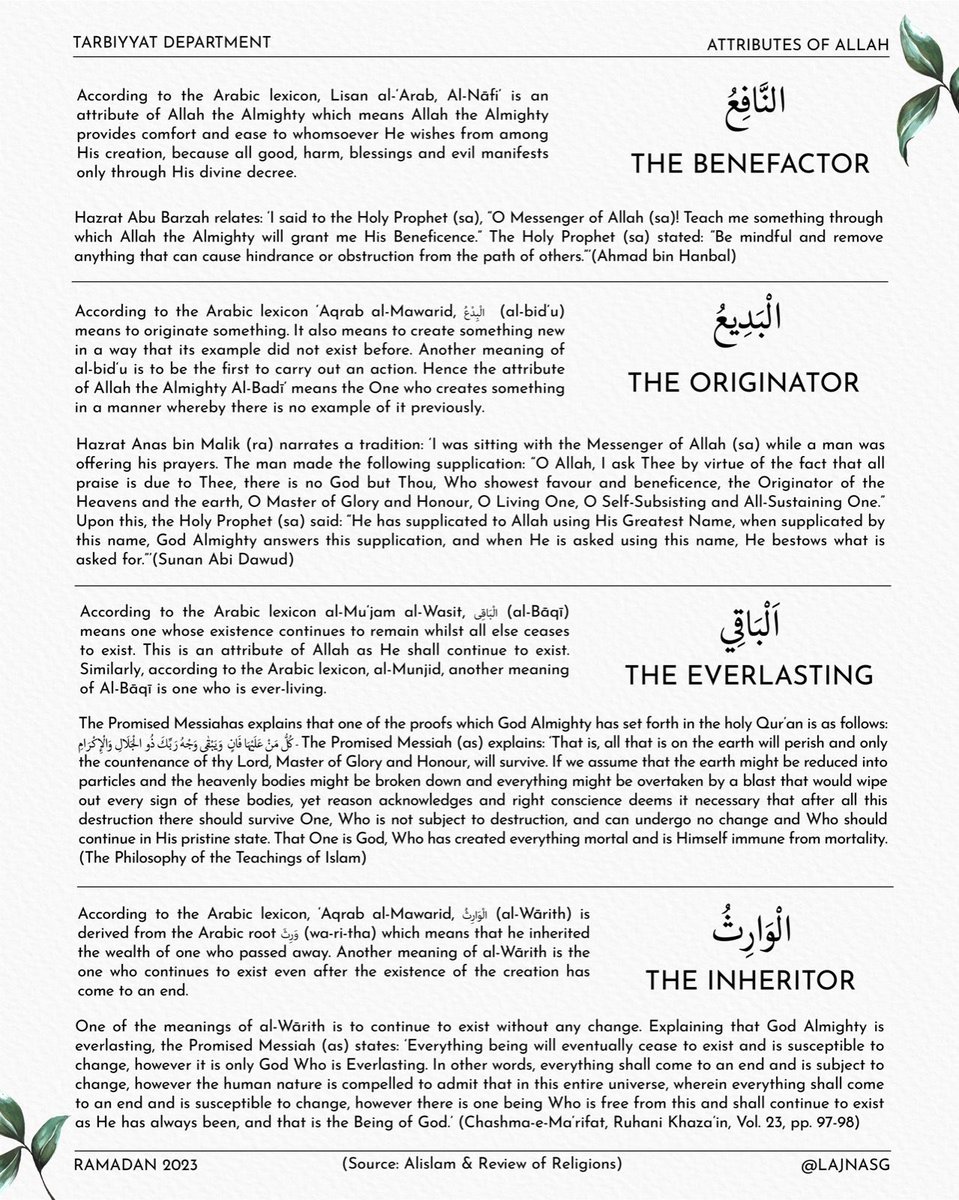 LajnaSG's tweet image. 28/30 - Ramadan Series on Attributes of Allah 

- The Benefactor
- The Originator
- The Everlasting
- The Inheritor

#AttributesofAllah #Allah #Ramadan