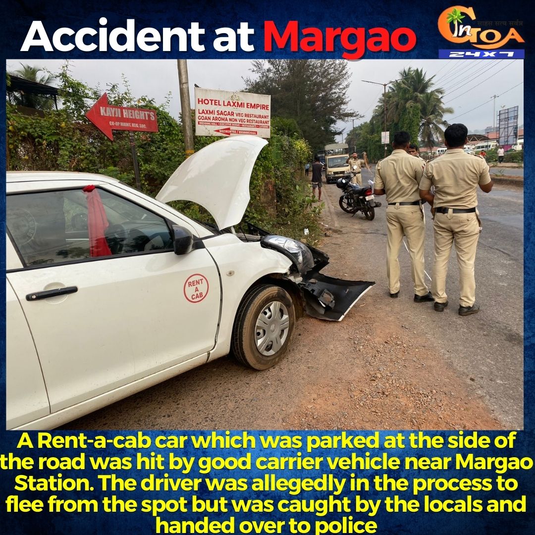InGoa24x7's tweet photo. A Rent-a-cab car which was parked at the side of the road was hit by good carrier vehicle near Margao Station. The driver was allegedly in the process to flee from the spot but was caught by the locals and handed over to police

#Goa #GoaNews #Accident #Margao https://t.co/6xCgZwv9F5