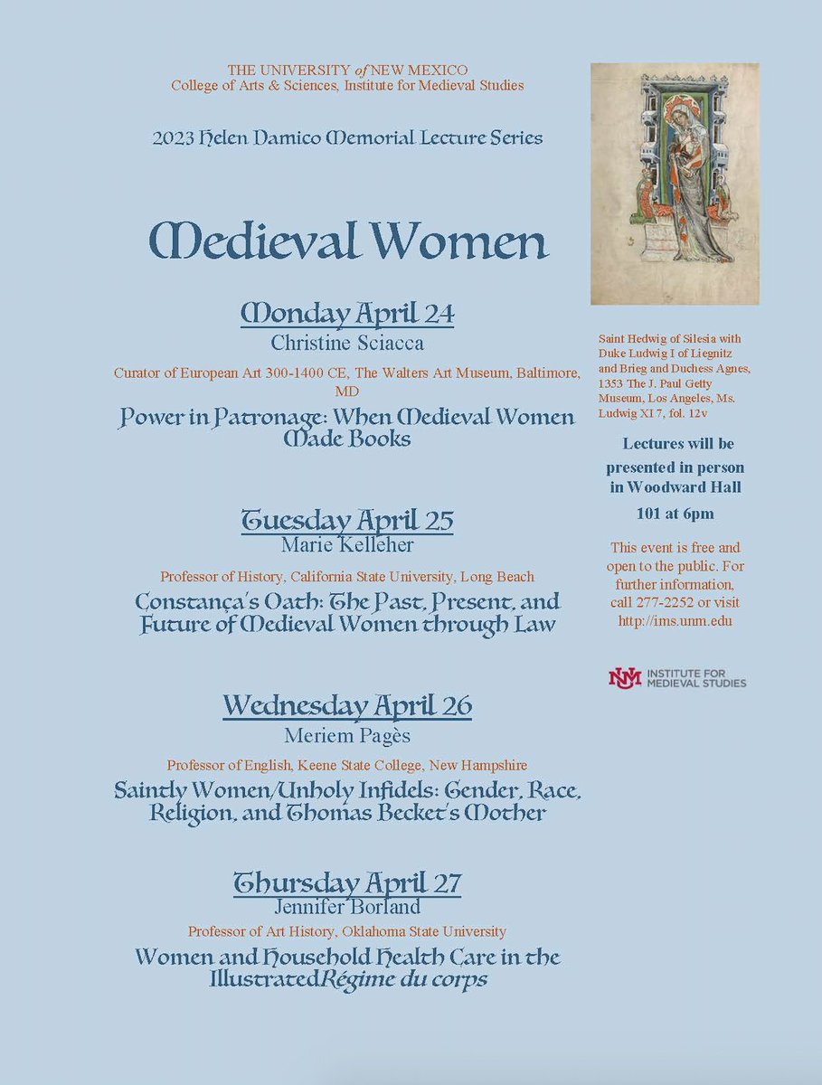 UNMHGSA's tweet photo. The IMS' annual Helen Damico Memorial Lecture Series starts on MONDAY! 
This year's theme is Medieval Women and the lecture line-up is absolutely superb! 

Check it out 💙👇💙 https://t.co/DZpvUrTWDg