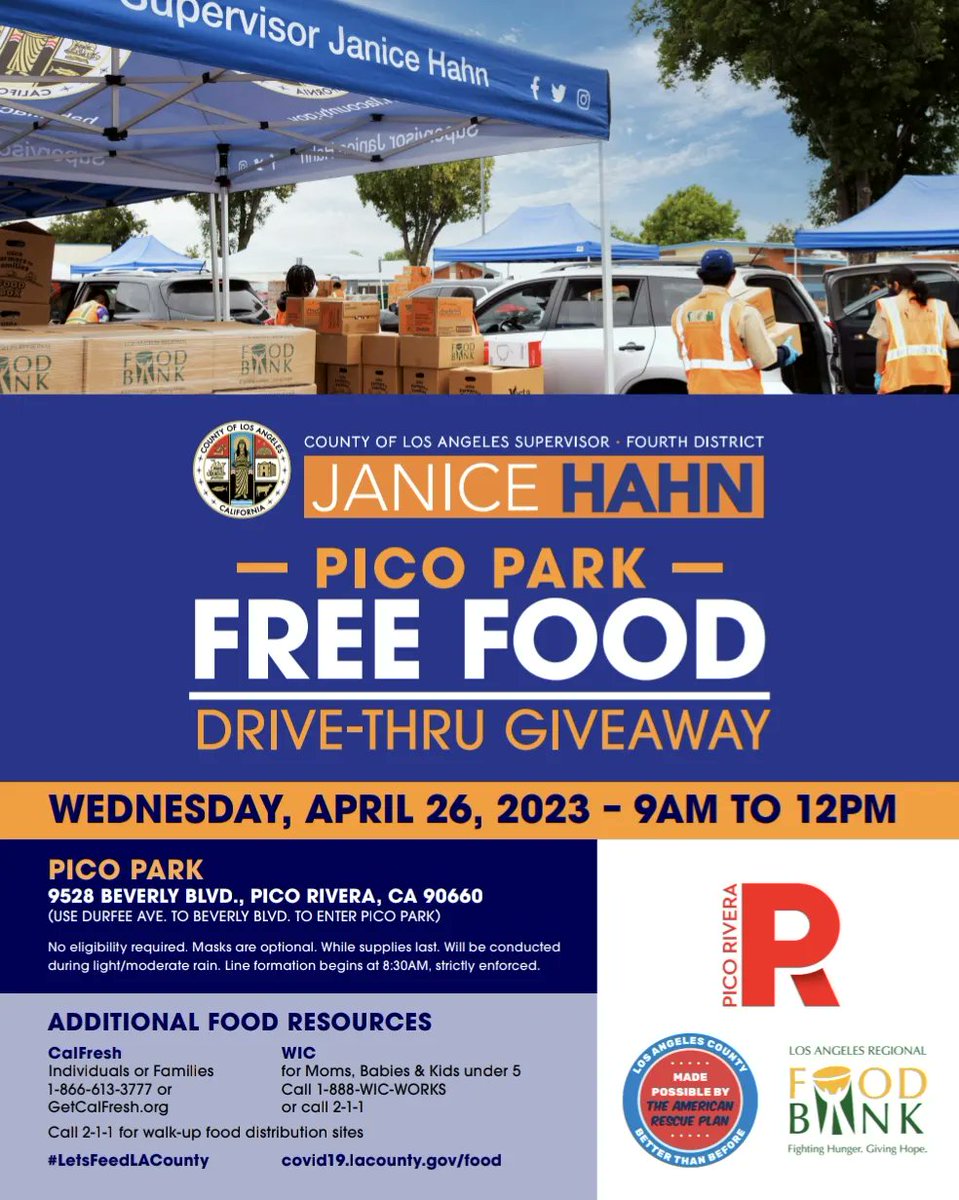 PicoRiveraCity's tweet photo. The Office of Los Angeles County @SupJaniceHahn in collaboration with the City of Pico Rivera and the Los Angeles Regional Food Bank, will be hosting a Free Food Drive-Thru Giveaway on Wednesday, April 26 at Pico Park from 9am to Noon!!

See you there!!! https://t.co/Cu9g9DPqOf