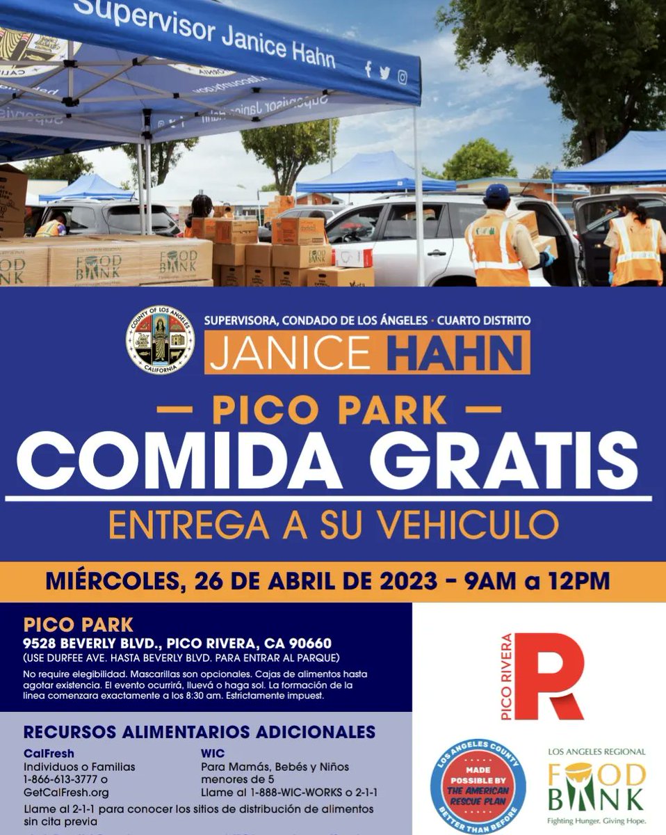 PicoRiveraCity's tweet photo. The Office of Los Angeles County @SupJaniceHahn in collaboration with the City of Pico Rivera and the Los Angeles Regional Food Bank, will be hosting a Free Food Drive-Thru Giveaway on Wednesday, April 26 at Pico Park from 9am to Noon!!

See you there!!! https://t.co/Cu9g9DPqOf