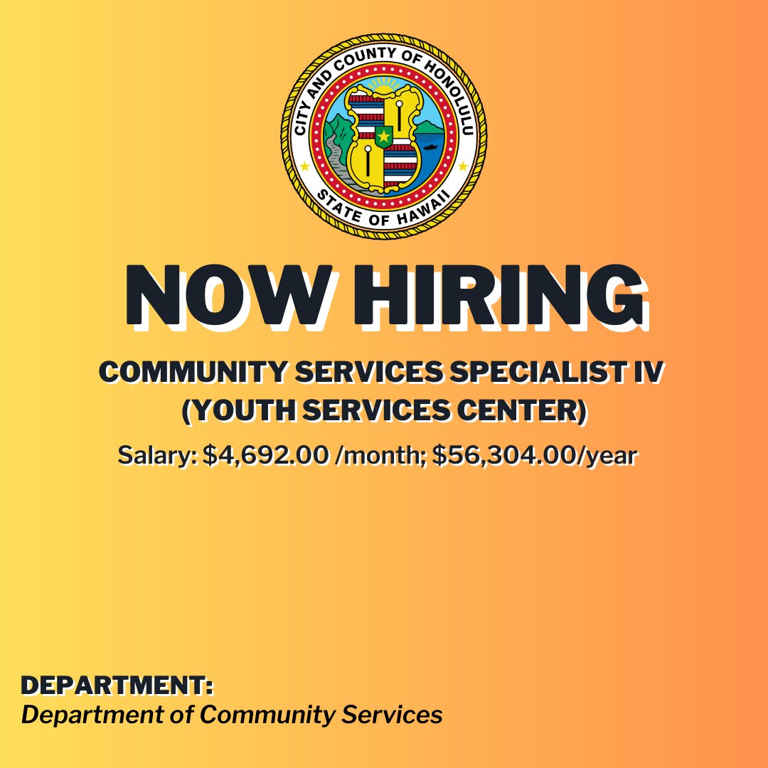 Calling all champions of youth empowerment! 🌟 Join us as a Community Services Specialist IV (Youth Services Center). Make a difference in the lives of Honolulu's youth 🙌

Click here: ow.ly/cnwA50NNwIs

#CityAndCountyOfHonolulu #YouthServices #HonoluluJobs #CommunityImpact