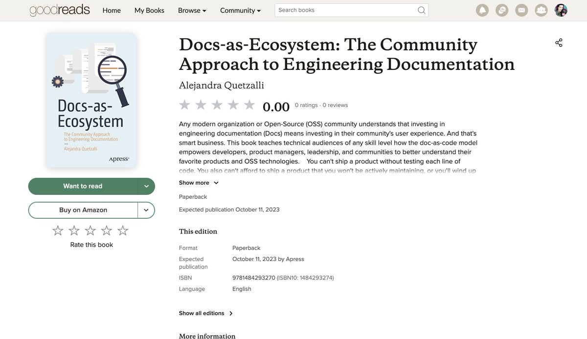 QuetzalliWrites's tweet photo. "Docs-as-Ecosystem: The Community Approach to Engineering Documentation" is now listed at @goodreads ✨✨✨

🔗https://t.co/1IRD5CY5su https://t.co/9DpG26PqDo