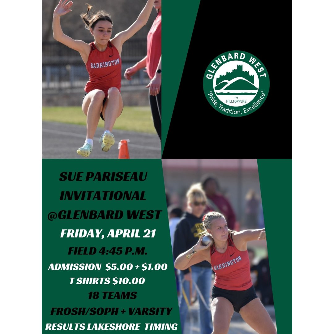 BHSGirlsTrackXC's tweet photo. Our weekend meet now spans 2 days - the Sue Pariseau Invitational at Glenbard West, Friday field events from 4.45pm, track on Saturday from 10.30am. Parking is at a premium. Lakeshore will provide results for this 18 team meet. Let’s go Fillies!! @BHS220Athletics https://t.co/jnH0WDCHZD