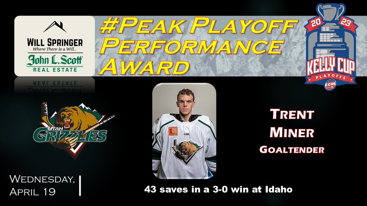 ECHLWeek's tweet photo. If you need any indication that the #KellyCupPlayoffs are different than the regular season, note that tonight's #ECHLWeek #PeakPlayoffPerformanceAward was earned by the @UtahGrizzlies goalie who handed the @Steelheads their first shutout this season. https://t.co/3PtMeRKbsi