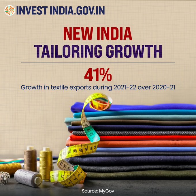 #InvestInIndia 

At USD 44 Billion, #NewIndia recorded the highest-ever textile exports in FY 2022.  

Discover more at: bit.ly/textiles-appar…

#TextileIndustry #IndianTextiles #Exports @tal_becker @BernsteinReich @IsraelFTA @IsraelinMumbai @TimesofIsrael @MayaKadosh