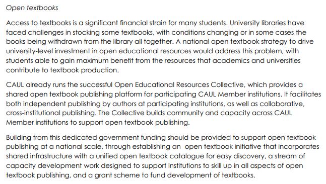 Well done <a href="/ALIANational/">ALIA</a> for the inclusion of #opentextbooks in the Submission to the Universities Accord Discussion Paper. 
It calls for national government support for publishing, and acknowledges the excellent existing @CAULalert work.
read.alia.org.au/submission-aus…