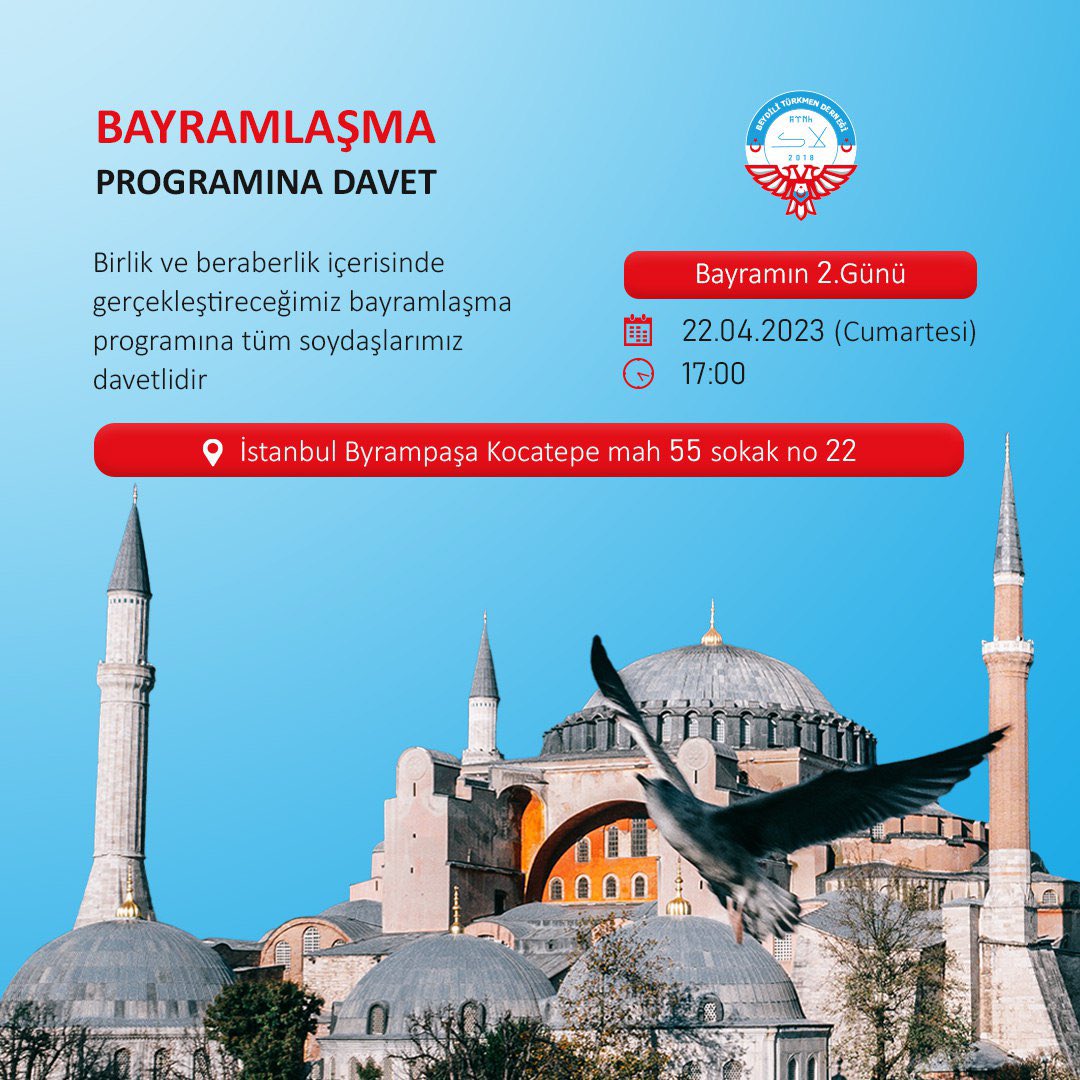 BeydiliDernegi's tweet photo. BAYRAMLAŞMA PROGRAMINA DAVET

BAYRAMIN. 2 GÜNÜN 

Birlik ve beraberlik içerisinde gerçekleştireceğimiz bayramlaşma programına tüm soydaşlarımız. 
DAVETLİDİR 
📆22. 04. 2023. (Cumartesi)
⏱️17. 00
🕹️ Byrampaşa Kocatepe mah 55 sokak no 22
@suleymansoylu @DrSavasUnlu https://t.co/mGqOTqjbRn