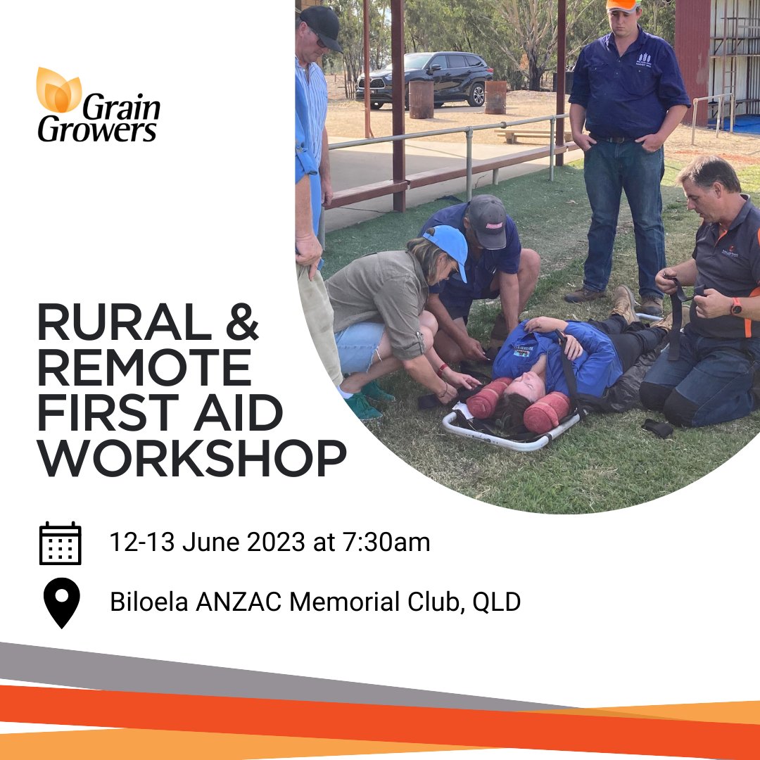 GrainGrowersLtd's tweet photo. QLD growers. Do you want a certified First Aider on your farm? GrainGrowers is running another Rural and Remote First Aid Course specially designed for on-farm situations.
Join us in June for this subsdised course, places limited: https://t.co/mPDOv8hh6N
#qldag #farmsafety https://t.co/yHEOjpva5T