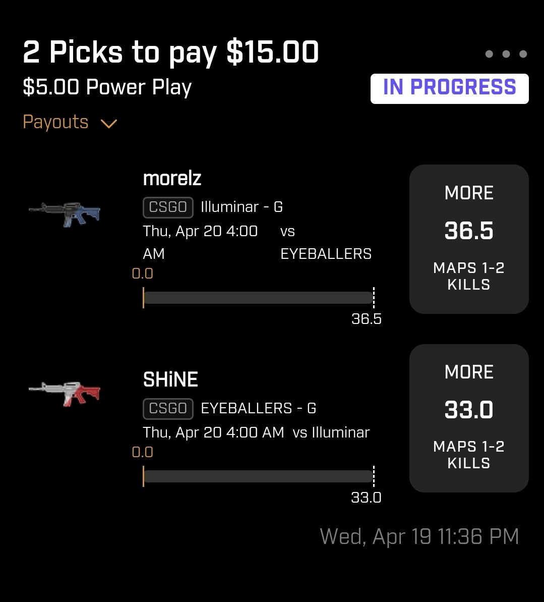 StickPrizePicks's tweet photo. #CSGO #Prizepicks for tonight, ofc a simple 2-Pick. I was going to go Morelz/JW over but something told me do Shine instead, hopefully this doesn't backfire and we get #Esports #Betting for the W. As always, tail at your own discretion, I'm just a #stick . https://t.co/6CX53UZwQG