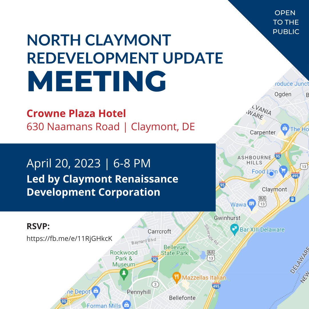 Rd7Social's tweet photo. #Claymont Renaissance Development Corp 
📌Crowne Plaza Hotel, 6-8 PM RSVP: https://t.co/1lP4PVTLiC
Draft redevelopment plans

Fall 2023 Train Station opening
Tri-State Mall progress
350K SF Distribution Center
300K SF Cold Storage Food Warehouse
Q&amp;A (Open to all) #HaveYourSay https://t.co/1wyKfRXX9F