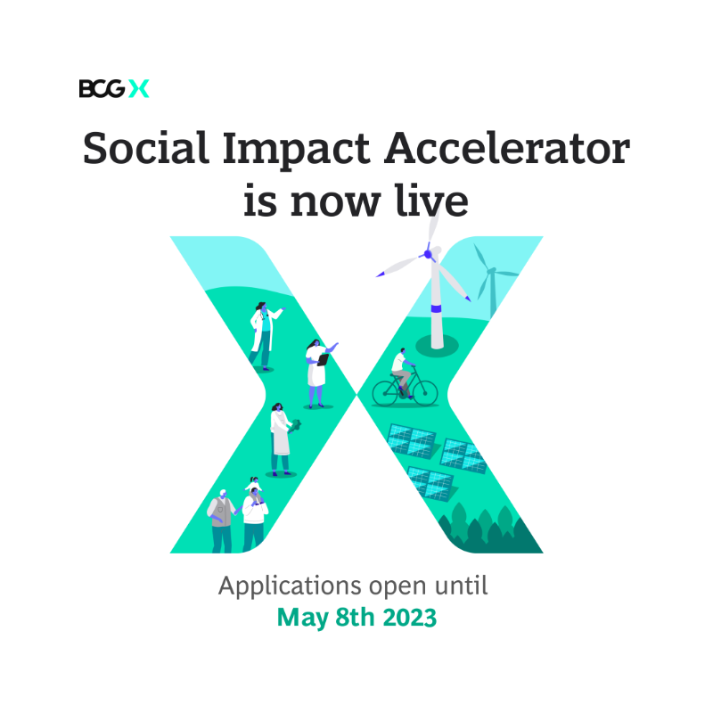 bcgx_'s tweet photo. APPLY NOW 💥! Our Social Impact Accelerator is now LIVE and accepting applications for #startups, #NGOs, and social innovators based in #Europe focused on building better solutions for the planet–and those living on it.

Apply by May 8th: https://t.co/rCrEFq4NDQ