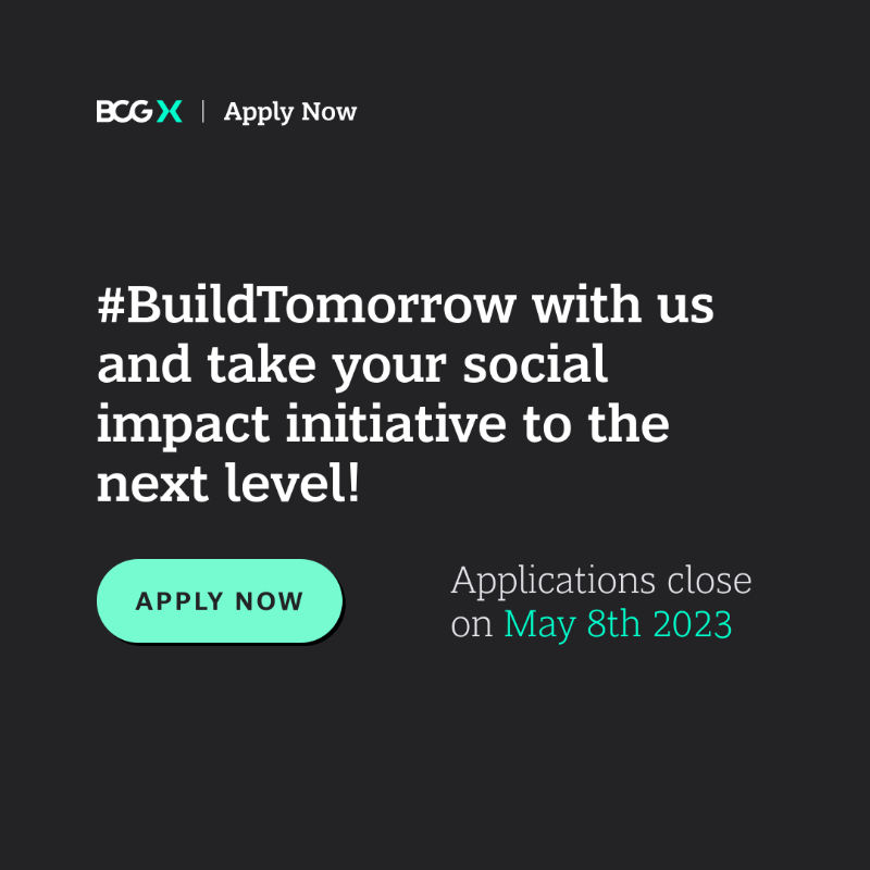 bcgx_'s tweet photo. APPLY NOW 💥! Our Social Impact Accelerator is now LIVE and accepting applications for #startups, #NGOs, and social innovators based in #Europe focused on building better solutions for the planet–and those living on it.

Apply by May 8th: https://t.co/rCrEFq4NDQ
