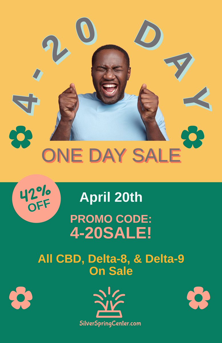 4-20 DAY SALE🌱
Don’t miss 42% off on 4-20-23
Use Code: 4-20SALE! 
But Hurry! Sale Ends @ midnight Thursday🤑

silverspringcenter.com/shop

#happy420 #happy420day #420day #cannabissale #cannabiscommunity #420sale #420deals #weedculture #stoners #stonernation #weedlife #420friendly