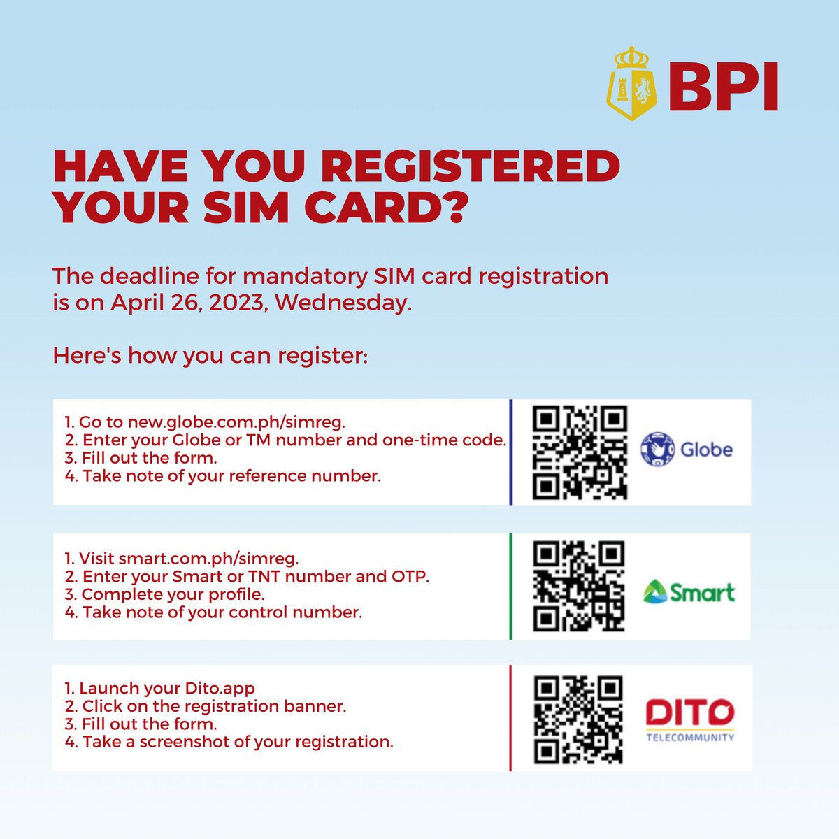 TalktoBPI's tweet photo. Have you registered your SIM card yet? If not, this is your reminder to do so, on or before April 26, 2023 (Wednesday).

Here's how you can register your SIM card: https://t.co/gnqJsdC4BL