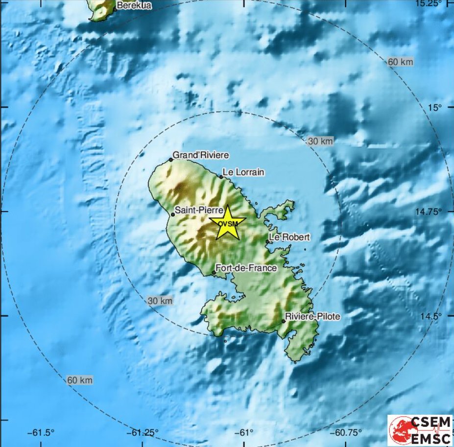Meteouragans's tweet photo. Tremblement de terre #séisme faible magnitude M3.5 enregistré par #OVSM ce mercredi 19 avril 2023 à 05h25 (heure locale) sous la #Martinique, à une profondeur de 9km. Je ne sais pas, à l'heure actuelle, si celui-ci est d'origine tectonique ou volcanique. https://t.co/aE0Cv5ESjq