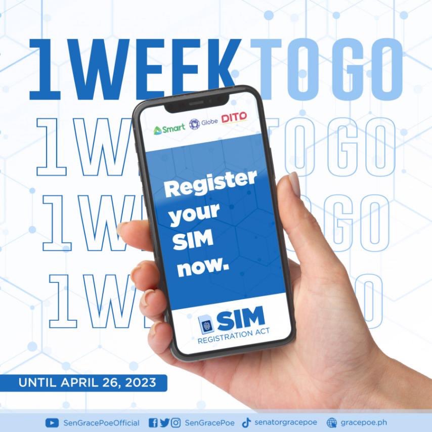 SenGracePOE's tweet photo. Naka-rehistro ka na ba? Isang linggo na lang po at deadline na ng #SIMregistration! Bagama't maaari itong ma-extend, 'wag na magpaligoy-ligoy pa! https://t.co/TMGuGLJAWu