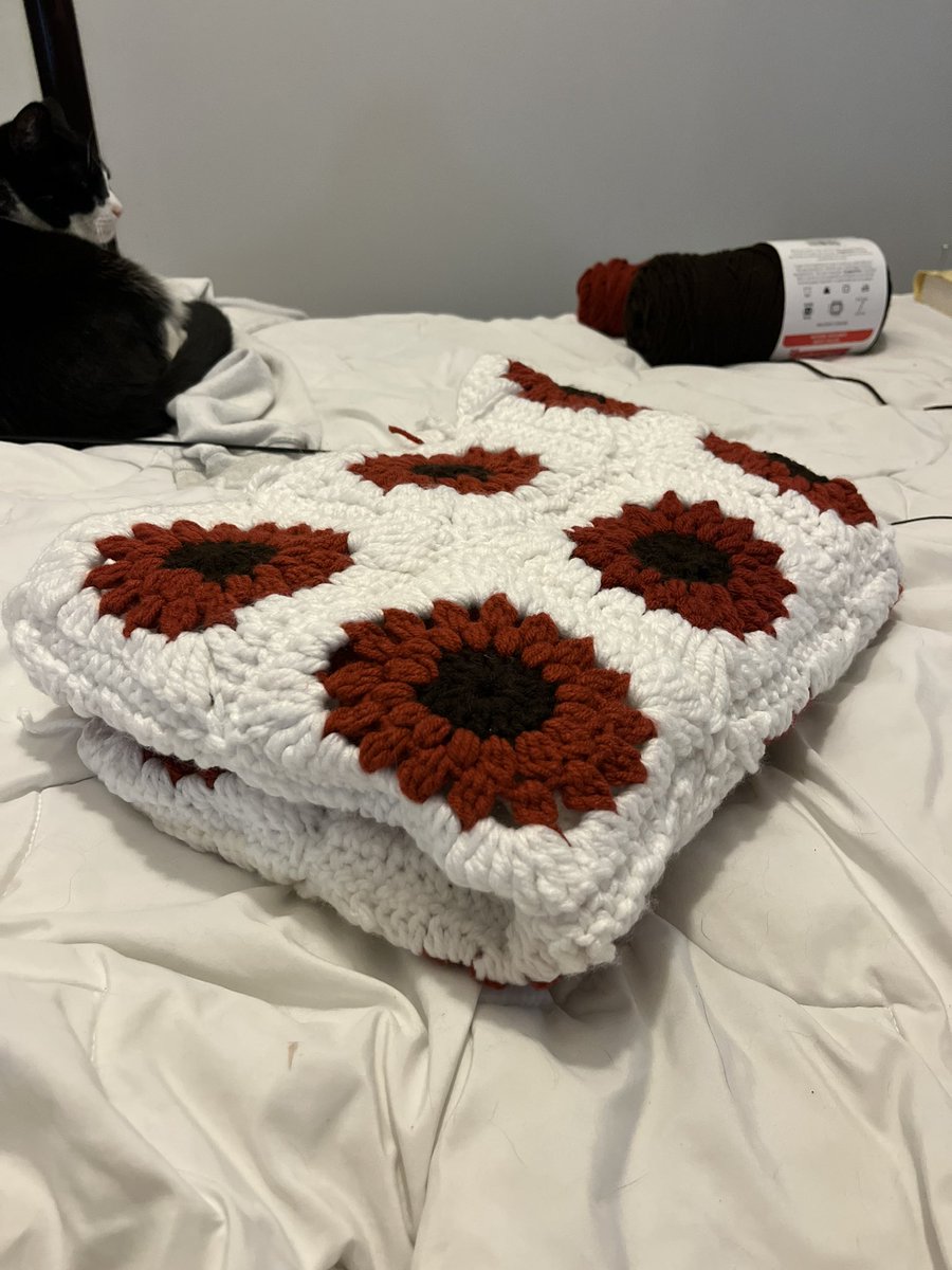 Londzo12's tweet photo. I’m moving to Montreal in 1 week and my only goal (other than somehow getting all my shit across the province) is to finish this sunflower blanket. Spinelli is helping 🌻 https://t.co/L6mgHznkpr