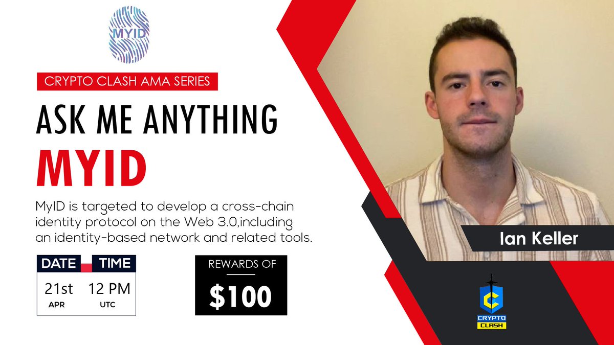 CryptoClash1's tweet photo. ⚔️ Crypto Clash AMA Series With MYID 

🎁Prize: 100$ BUSD 
📆Date: April 21st 2023 12 PM UTC 
🏨 Venue: https://t.co/pi4JMpQC41

〽️ Rules:

1️⃣. Follow

@CryptoClash1 
&amp;
@MYID2022

2️⃣. Like Retweet &amp; Comment Your Questions (5 Questions Max) Tag 3 friends. https://t.co/g23KO61tWe